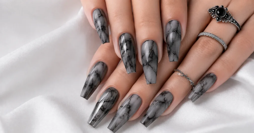 12 Bewitching Gothic Coffin Nails Ideas for a Dark and Glamorous Manicure 10 Gothic Coffin Nails Ideas with Smoky Marble and Black Veining