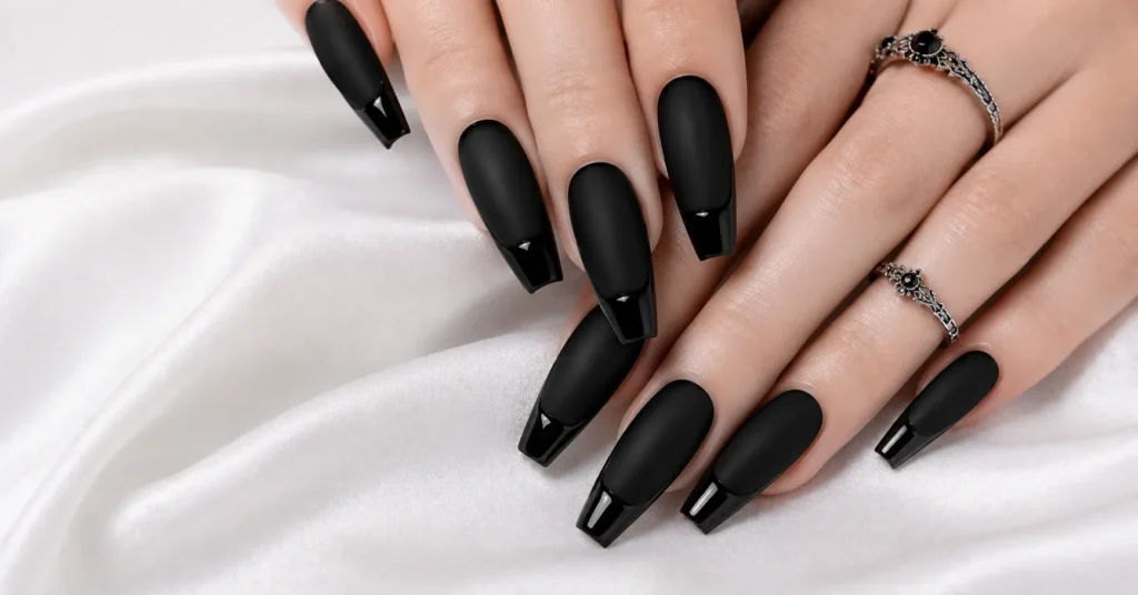 12 Bewitching Gothic Coffin Nails Ideas for a Dark and Glamorous Manicure 11 Gothic Coffin Nails Ideas with Matte Black and Glossy Tips