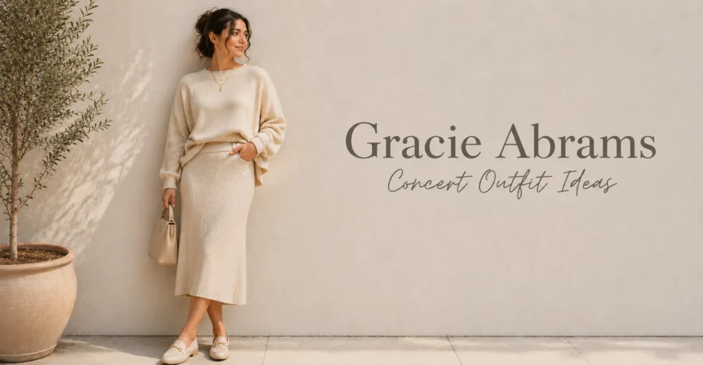 Gracie Abrams Concert Outfit Ideas featuring a cozy neutral knit set