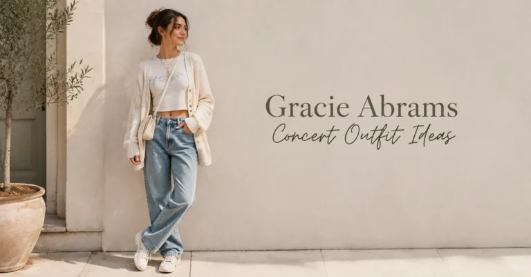Gracie Abrams Concert Outfit Ideas featuring a dreamy cozy outfit with soft neutral layers and vintage-inspired fashion.