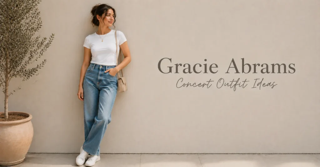 Gracie Abrams Concert Outfit Ideas featuring a simple tee and classic blue jeans