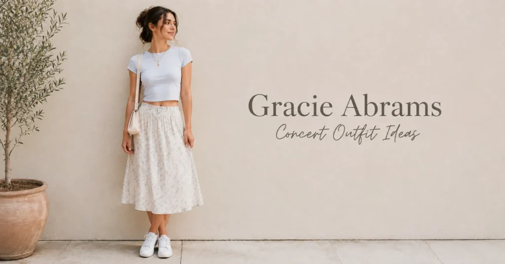 Gracie Abrams Concert Outfit Ideas with a baby tee and flowy midi skirt
