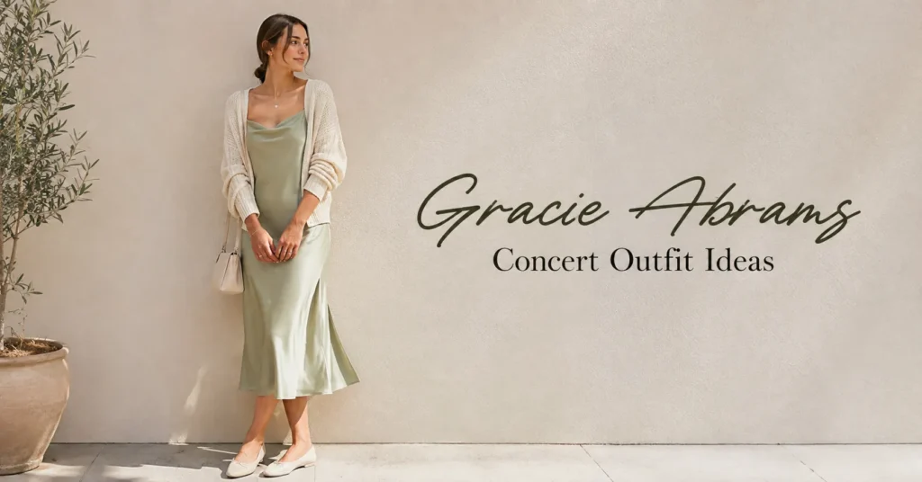 Gracie Abrams Concert Outfit Ideas with a floaty satin slip dress and cozy cardigan