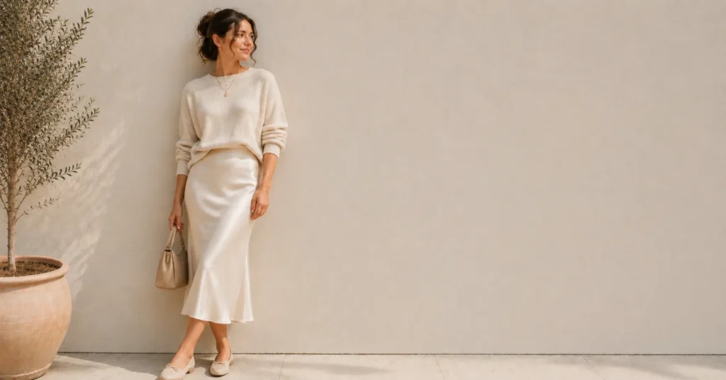 Gracie Abrams Concert Outfit Ideas with a satin slip skirt and lightweight knit