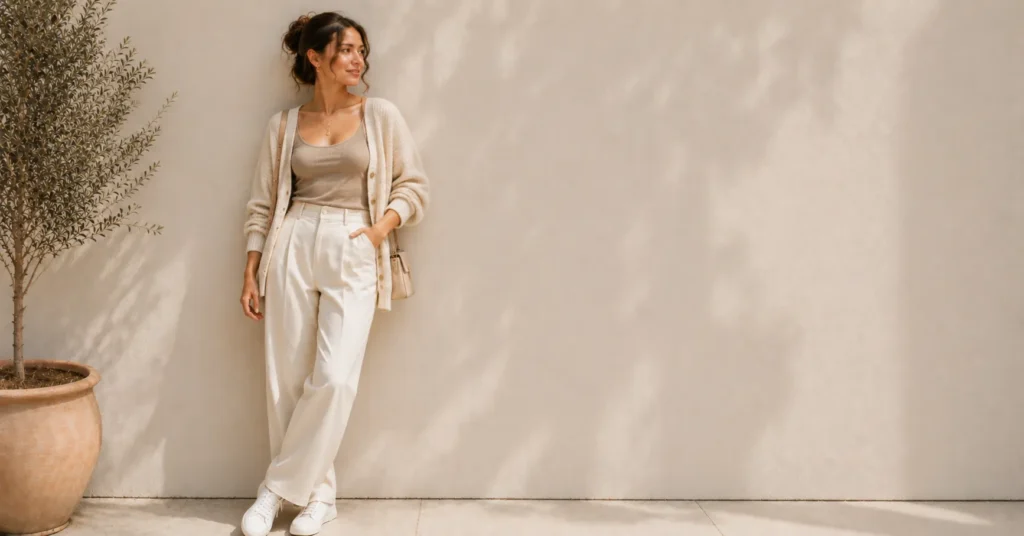 Gracie Abrams Concert Outfit Ideas with relaxed trousers and a minimalist tank top