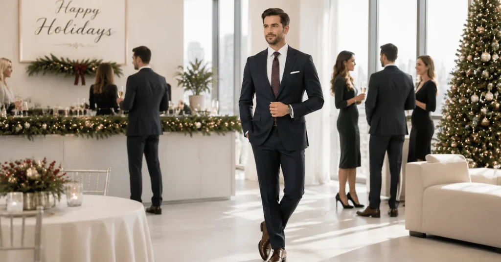 15 Smart Holiday Office Party Outfit Ideas That Look Professional and Festive 3 Holiday Office Party Outfit Ideas featuring a classic dark suit with a festive tie for professional holiday events