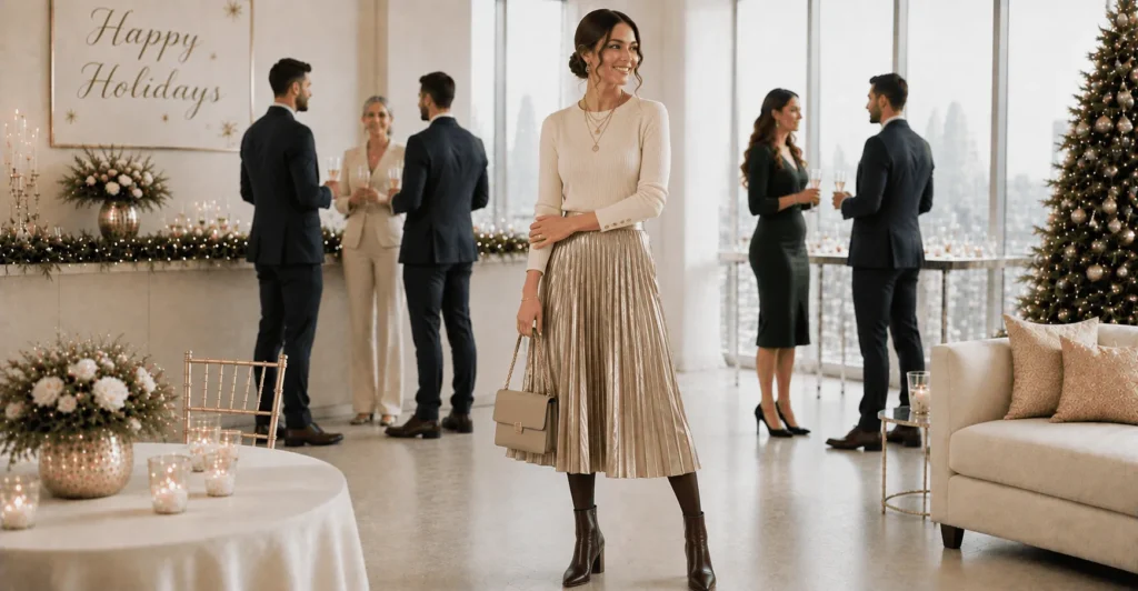 15 Smart Holiday Office Party Outfit Ideas That Look Professional and Festive 12 Holiday Office Party Outfit Ideas featuring a pleated skirt and fitted knit sweater for festive office style