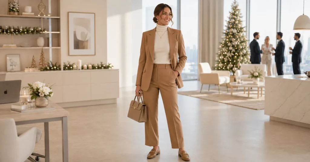 15 Smart Holiday Office Party Outfit Ideas That Look Professional and Festive 13 Holiday Office Party Outfit Ideas featuring a turtleneck under a sharp blazer for polished festive workwear
