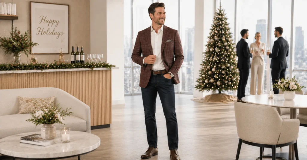15 Smart Holiday Office Party Outfit Ideas That Look Professional and Festive 15 Holiday Office Party Outfit Ideas featuring a patterned sport coat with dark denim for business casual events