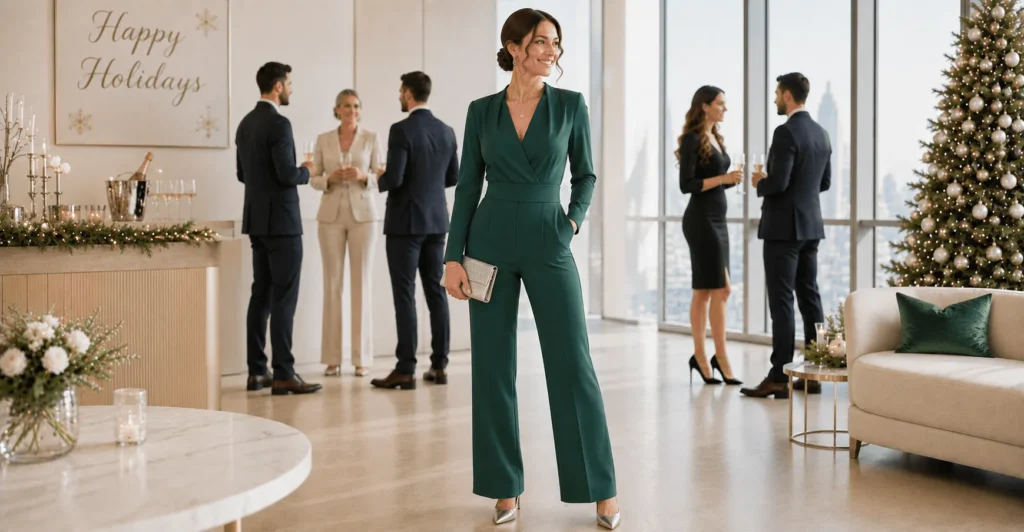 15 Smart Holiday Office Party Outfit Ideas That Look Professional and Festive 14 Holiday Office Party Outfit Ideas featuring a polished jewel-tone jumpsuit for professional festive events