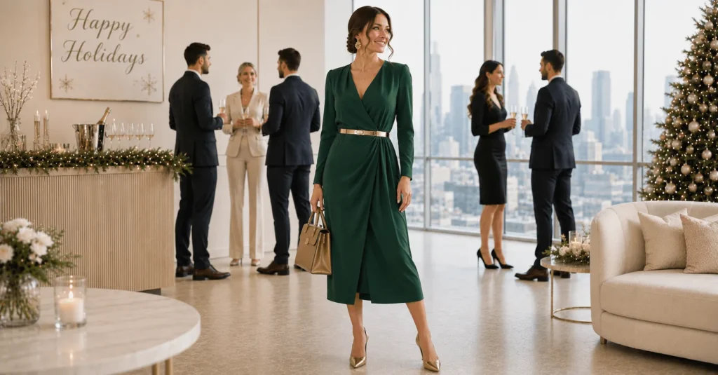 15 Smart Holiday Office Party Outfit Ideas That Look Professional and Festive 16 Holiday Office Party Outfit Ideas featuring a wrap dress with statement accessories for festive professional style