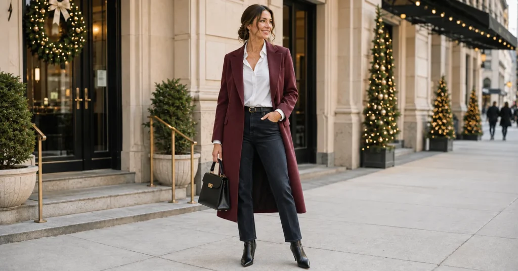 15 Smart Holiday Office Party Outfit Ideas That Look Professional and Festive 17 Holiday Office Party Outfit Ideas featuring dark denim, white shirt, and statement coat for festive workplace style
