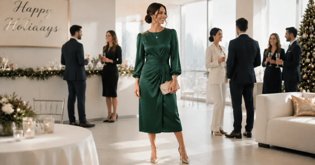 15 Smart Holiday Office Party Outfit Ideas That Look Professional and Festive 4 Holiday Office Party Outfit Ideas featuring a jewel-tone midi dress with elegant professional holiday styling