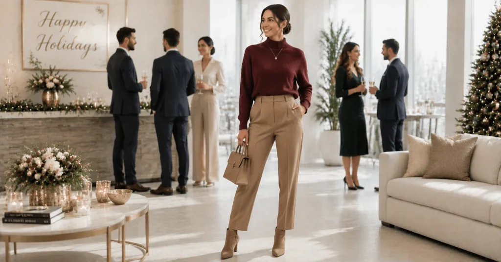 15 Smart Holiday Office Party Outfit Ideas That Look Professional and Festive 6 Holiday Office Party Outfit Ideas featuring tailored trousers and a cashmere sweater for smart festive workwear