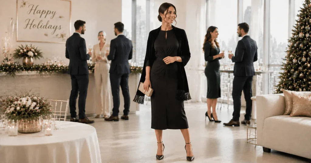 15 Smart Holiday Office Party Outfit Ideas That Look Professional and Festive 7 Holiday Office Party Outfit Ideas featuring a little black dress with festive accessories and professional styling