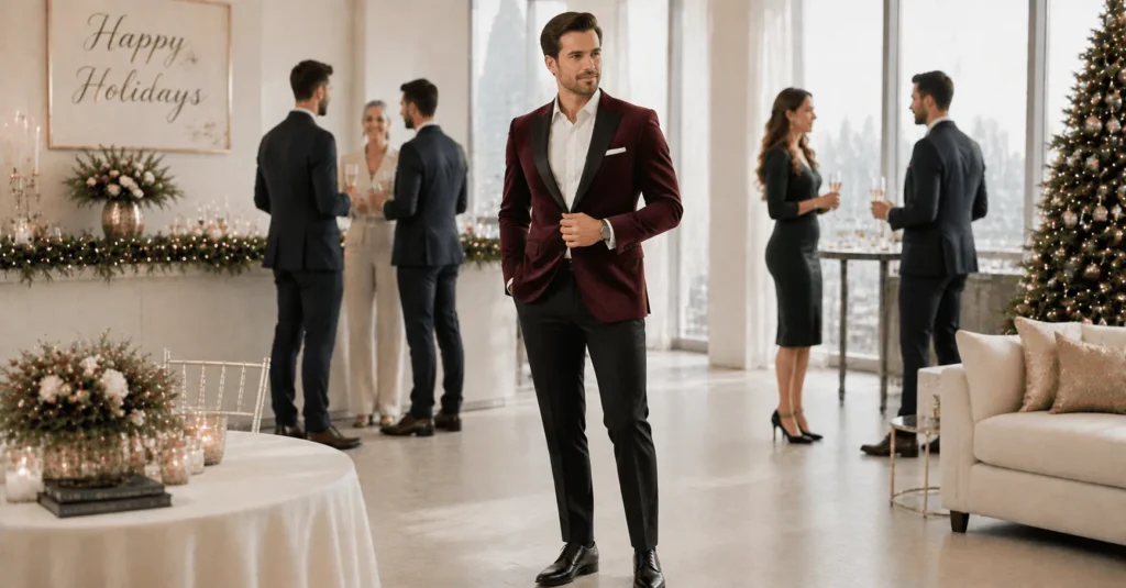 15 Smart Holiday Office Party Outfit Ideas That Look Professional and Festive 8 Holiday Office Party Outfit Ideas featuring a velvet blazer with polished professional holiday menswear