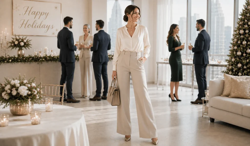 15 Smart Holiday Office Party Outfit Ideas That Look Professional and Festive 9 Holiday Office Party Outfit Ideas featuring wide-leg trousers and a silk blouse for elegant festive workwear