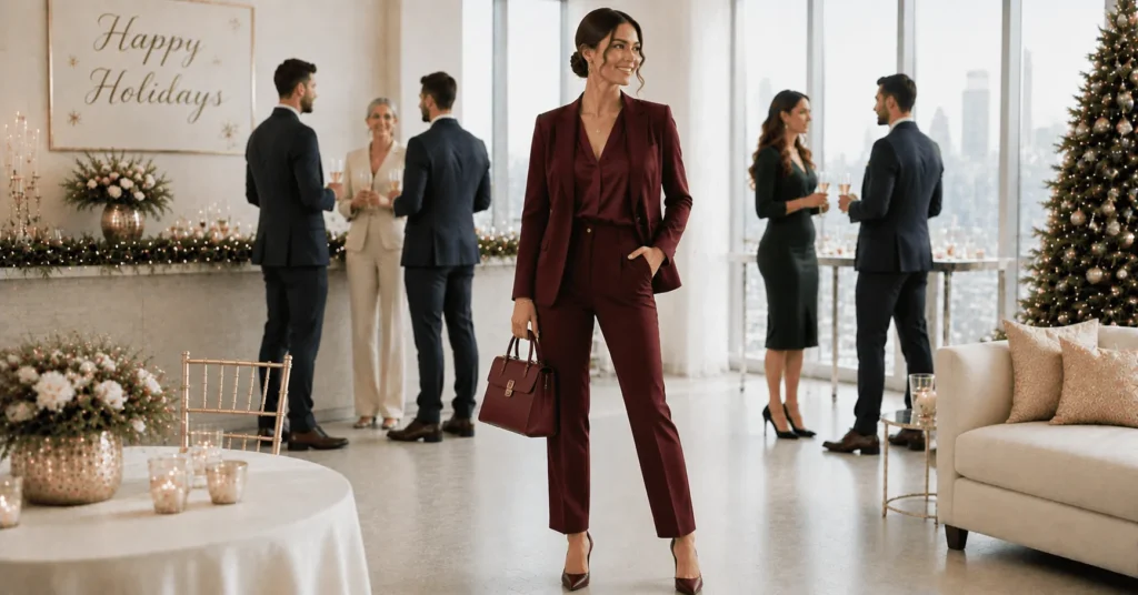 15 Smart Holiday Office Party Outfit Ideas That Look Professional and Festive 11 Holiday Office Party Outfit Ideas featuring a rich monochrome festive outfit with professional styling