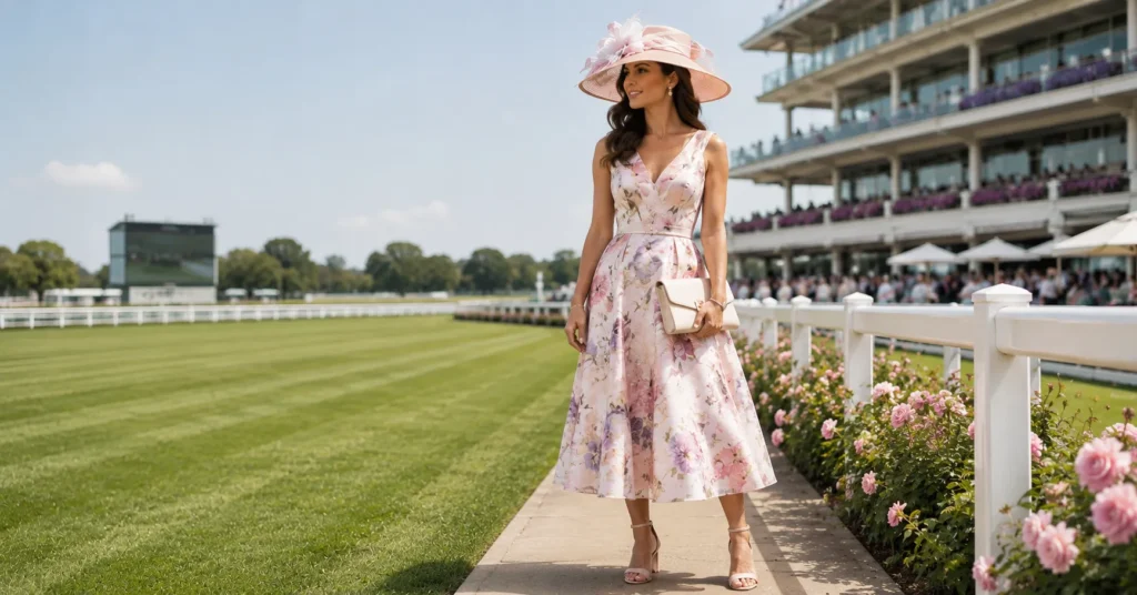 12 Stunning Horse Race Outfit Ideas Women Can Wear for a Stylish Day Out 3 Horse Race Outfit Ideas Women featuring a floral midi dress, wide-brim hat, block-heel sandals, and structured clutch.