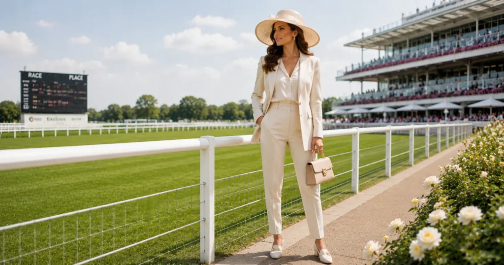 12 Stunning Horse Race Outfit Ideas Women Can Wear for a Stylish Day Out 7 Horse Race Outfit Ideas Women featuring a cream tailored trouser suit, ivory blouse, heeled loafers, and structured handbag.