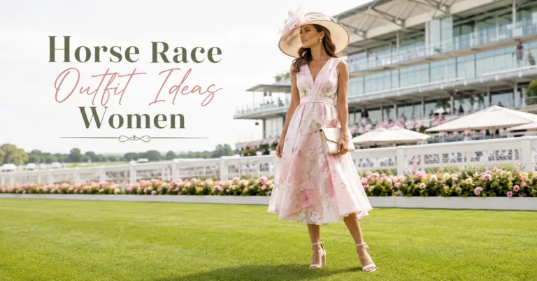 Horse Race Outfit Ideas Women featuring an elegant pastel midi dress, wide-brim hat, block heels, and structured clutch at a bright racecourse.