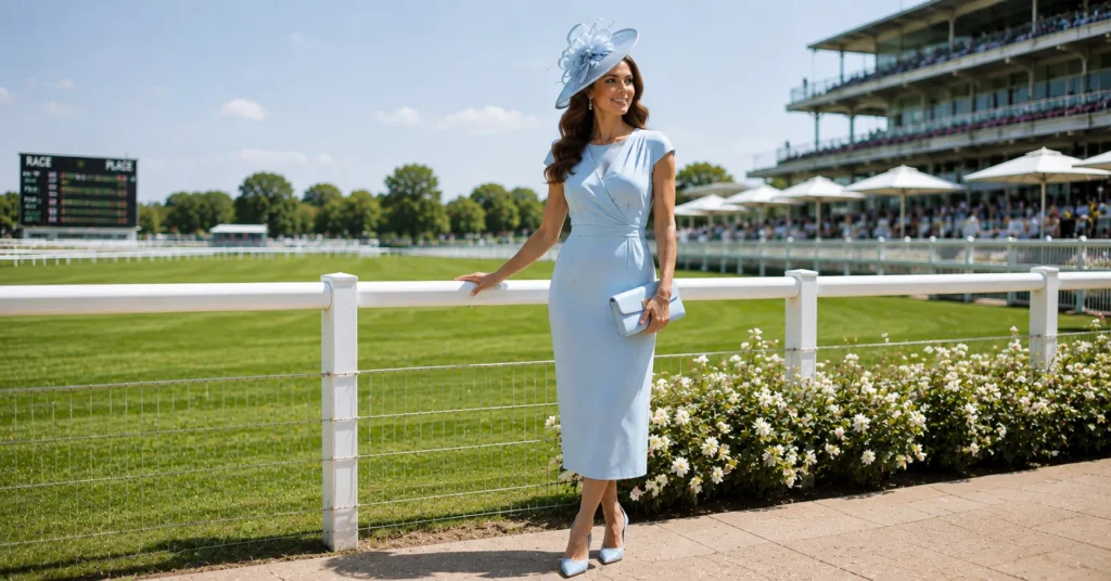 12 Stunning Horse Race Outfit Ideas Women Can Wear for a Stylish Day Out 10 Horse Race Outfit Ideas Women featuring a sophisticated monochrome midi dress, coordinated fascinator, heels, and sleek clutch.