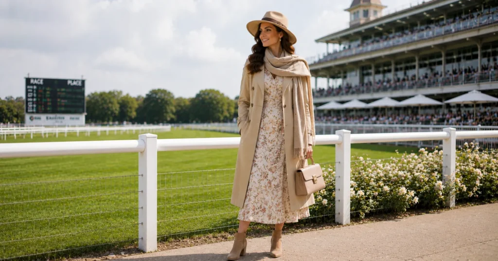 12 Stunning Horse Race Outfit Ideas Women Can Wear for a Stylish Day Out 11 Horse Race Outfit Ideas Women featuring a midi dress, tailored beige trench coat, wool wrap, polished footwear, and structured handbag.