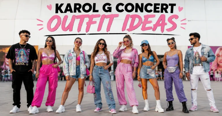 Karol G Concert Outfit Ideas featuring bold colorful concert fashion looks for women and men