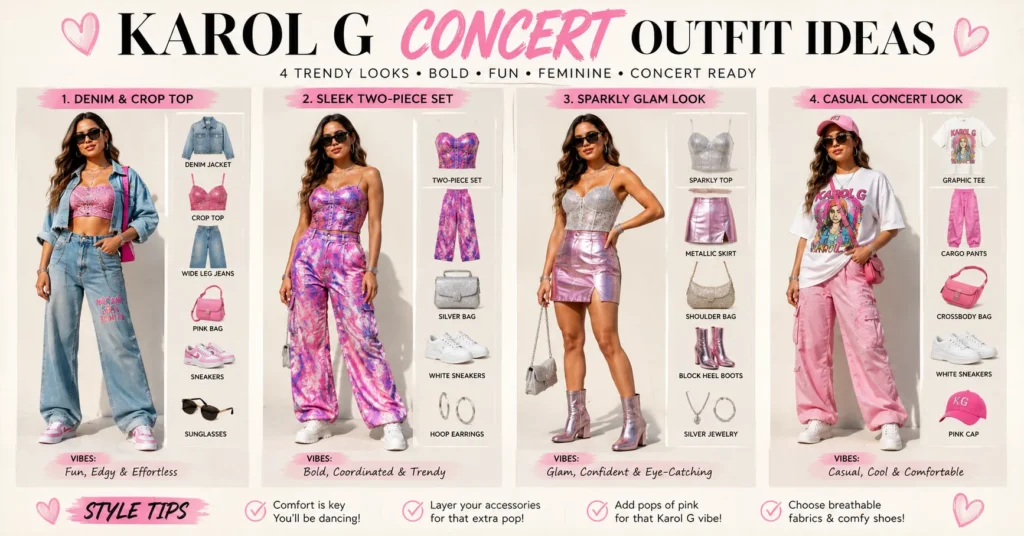 Karol G Concert Outfit Ideas: Bold Looks You'll Love 6 Karol G Concert Outfit Ideas women's outfit comparison with different concert styles