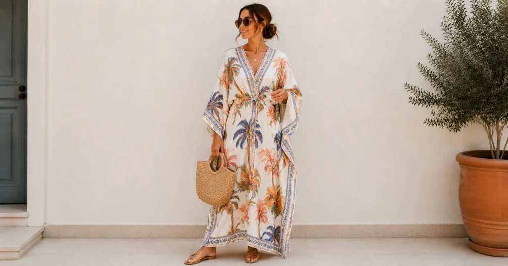 Labor Day Outfit Ideas Women featuring a colorful and elegant kaftan dress