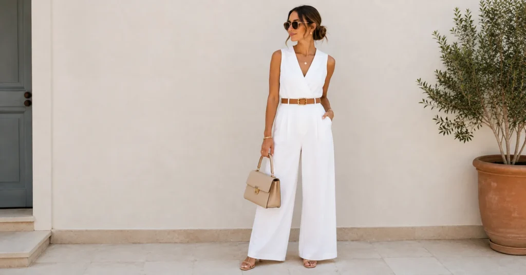 Labor Day Outfit Ideas Women featuring a white jumpsuit with a tan belt