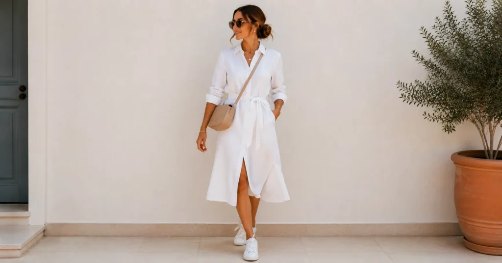 Labor Day Outfit Ideas Women with a classic shirt dress and sneakers