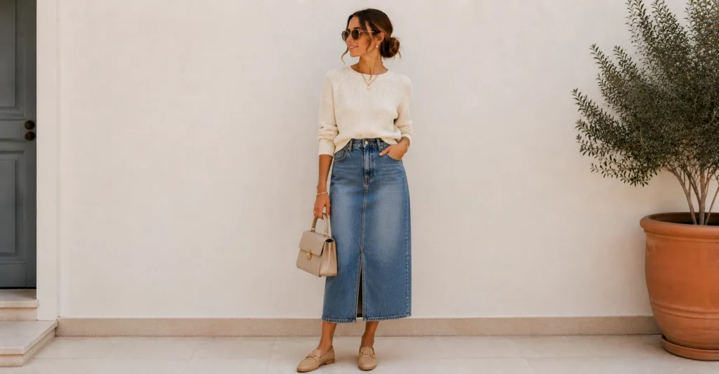 Labor Day Outfit Ideas Women with a denim skirt and light sweater
