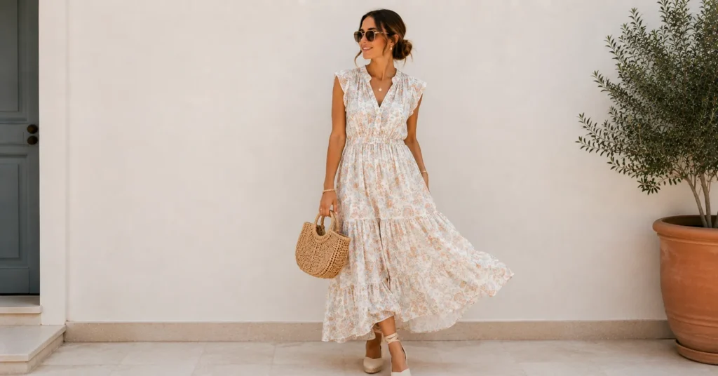 Labor Day Outfit Ideas Women with a flowing maxi dress and espadrilles