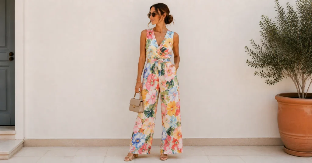 Labor Day Outfit Ideas Women with a stylish printed jumpsuit and heels