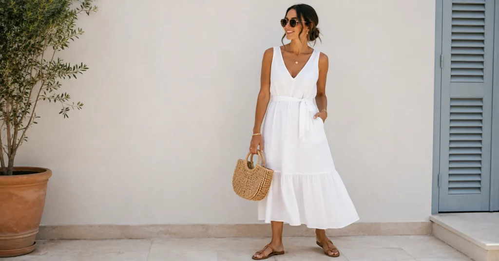 Labor Day Outfit Ideas Women with a white linen dress and elegant sandals
