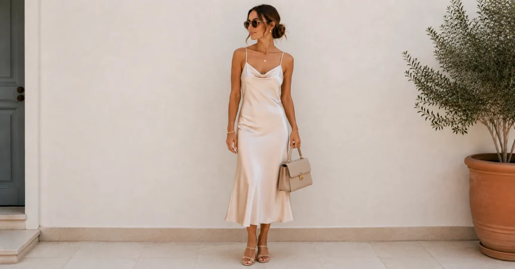 Labor Day Outfit Ideas Women with an elegant slip dress and strappy sandals