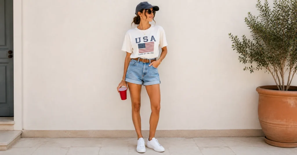 Labor Day Outfit Ideas Women with denim shorts and a graphic tee