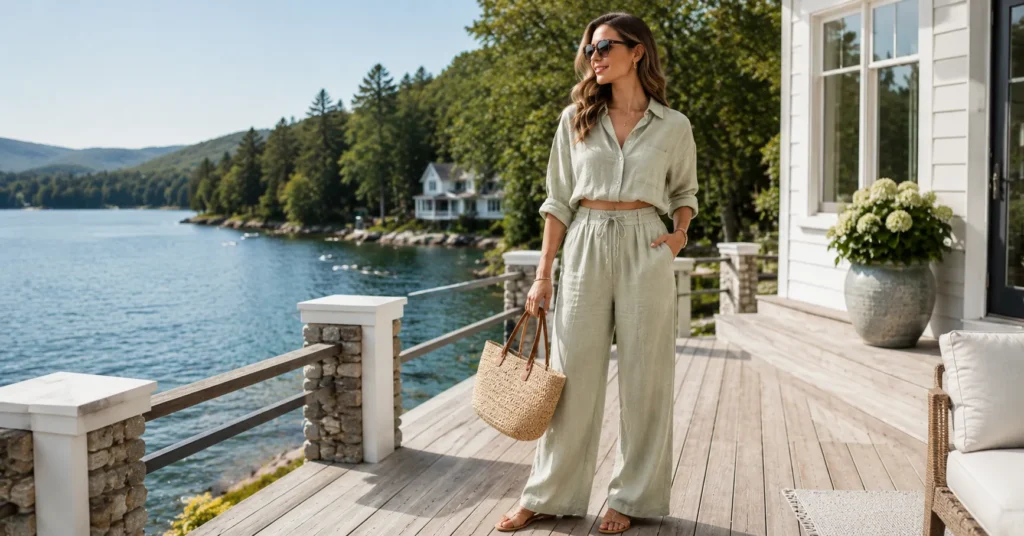 10 Stunning Lake House Outfit Ideas for a Chic Weekend Getaway 3 Lake House Outfit Ideas with an elegant ivory linen set for relaxed lakeside style.