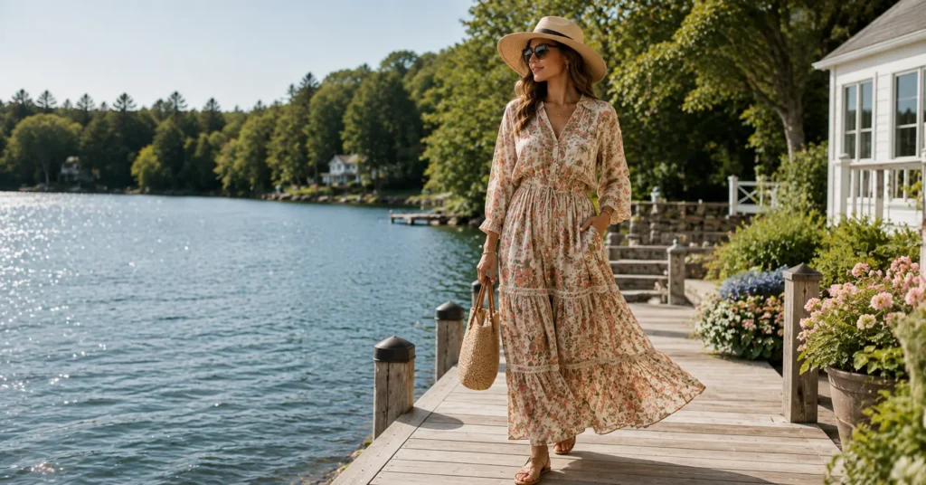 10 Stunning Lake House Outfit Ideas for a Chic Weekend Getaway 4 Lake House Outfit Ideas featuring a flowing boho maxi dress for a stylish lakeside getaway.