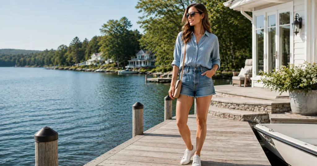 10 Stunning Lake House Outfit Ideas for a Chic Weekend Getaway 5 Lake House Outfit Ideas with a denim and chambray casual chic outfit for active lake days.
