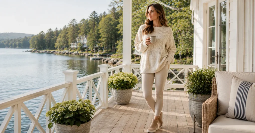 10 Stunning Lake House Outfit Ideas for a Chic Weekend Getaway 6 Lake House Outfit Ideas featuring a cozy cream knit sweater and leggings for cool mornings.