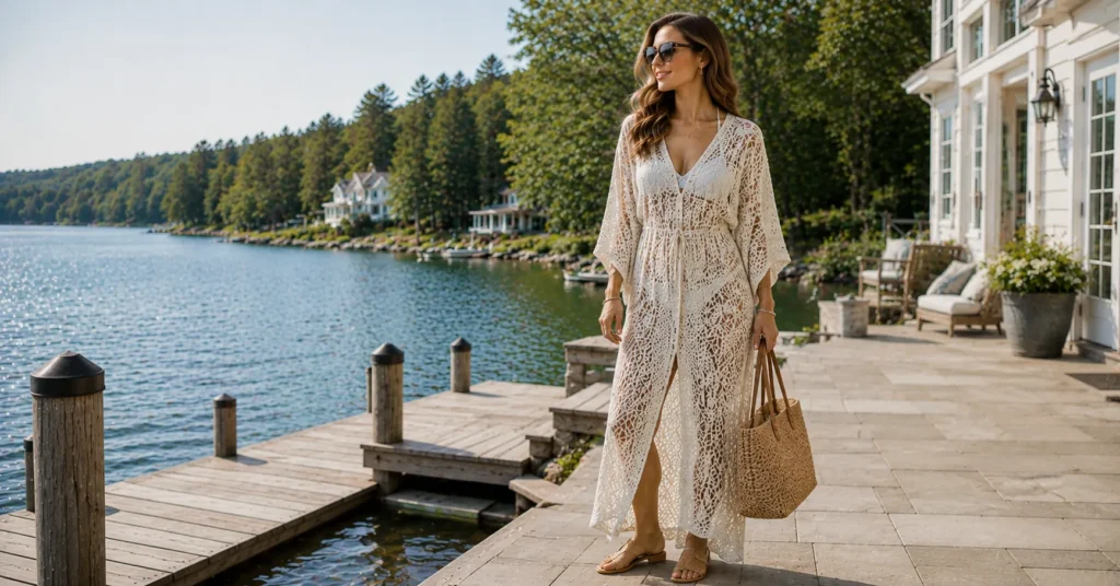 10 Stunning Lake House Outfit Ideas for a Chic Weekend Getaway 7 Lake House Outfit Ideas featuring a chic crochet swim coverup for lakeside resort style.