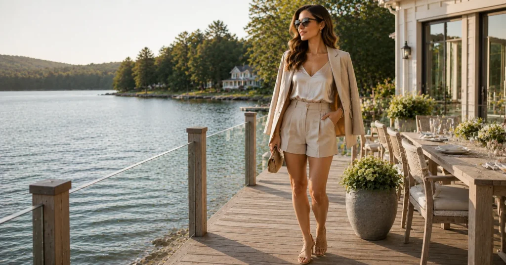 10 Stunning Lake House Outfit Ideas for a Chic Weekend Getaway 8 Lake House Outfit Ideas featuring tailored shorts and an elegant silk camisole for dinner.