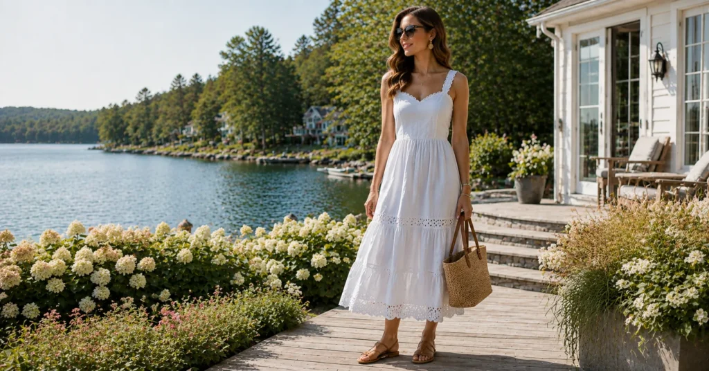10 Stunning Lake House Outfit Ideas for a Chic Weekend Getaway 9 Lake House Outfit Ideas featuring a classic white sundress for a fresh summer lake getaway.