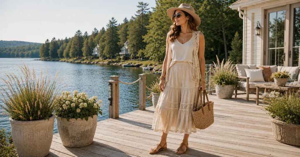 10 Stunning Lake House Outfit Ideas for a Chic Weekend Getaway 11 Lake House Outfit Ideas featuring a stylish boho layered look with earthy textures.