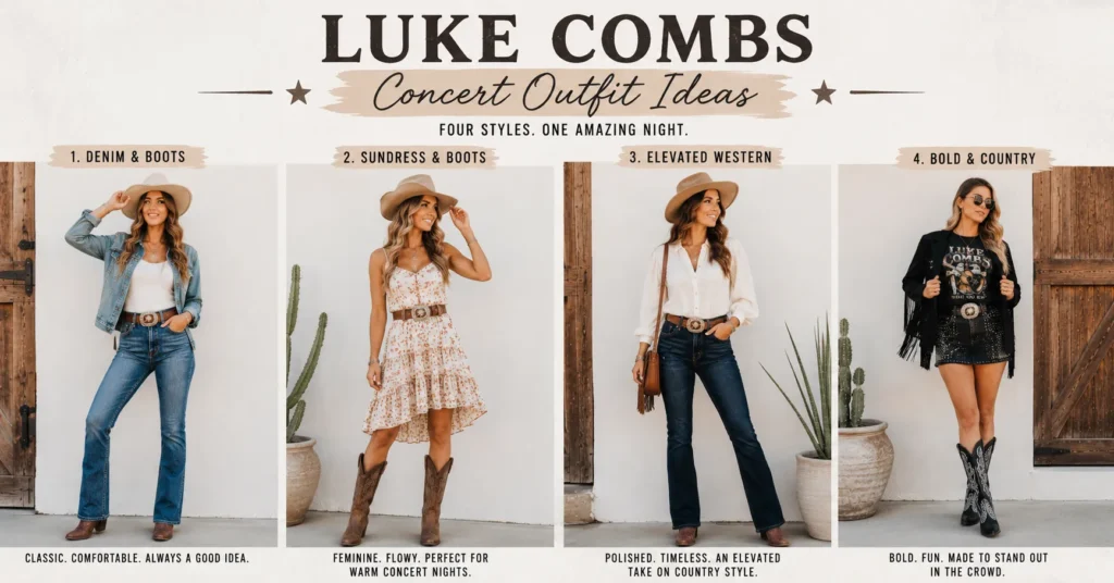 Luke Combs Concert Outfit Ideas: Rugged Looks You'll Love 6 Luke Combs Concert Outfit Ideas comparison of women's country concert outfits
