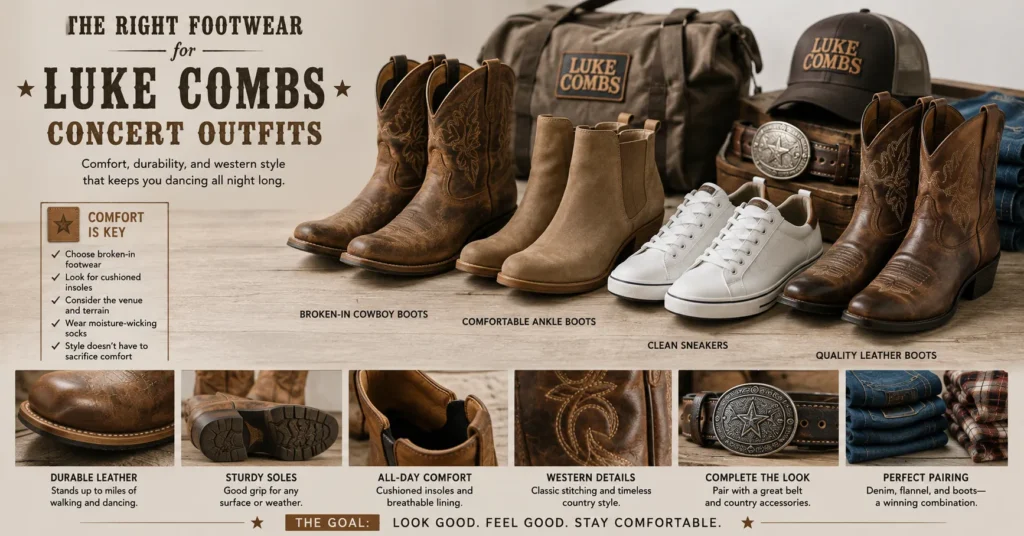 Luke Combs Concert Outfit Ideas: Rugged Looks You'll Love 16 Luke Combs Concert Outfit Ideas featuring comfortable cowboy boots and concert footwear