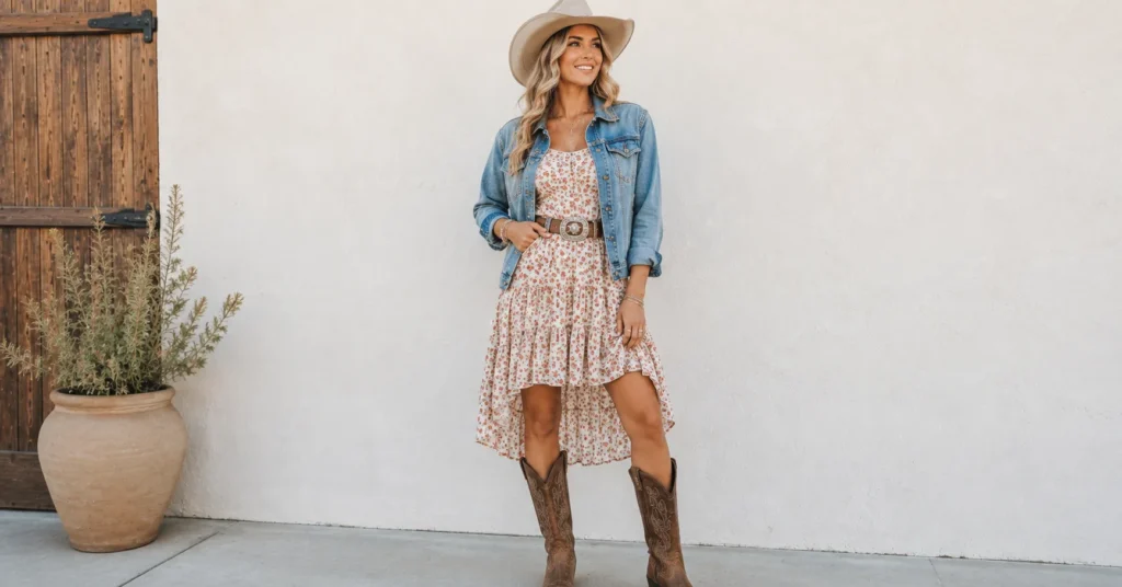 Luke Combs Concert Outfit Ideas: Rugged Looks You'll Love 4 Luke Combs Concert Outfit Ideas with floral sundress and cowboy boots