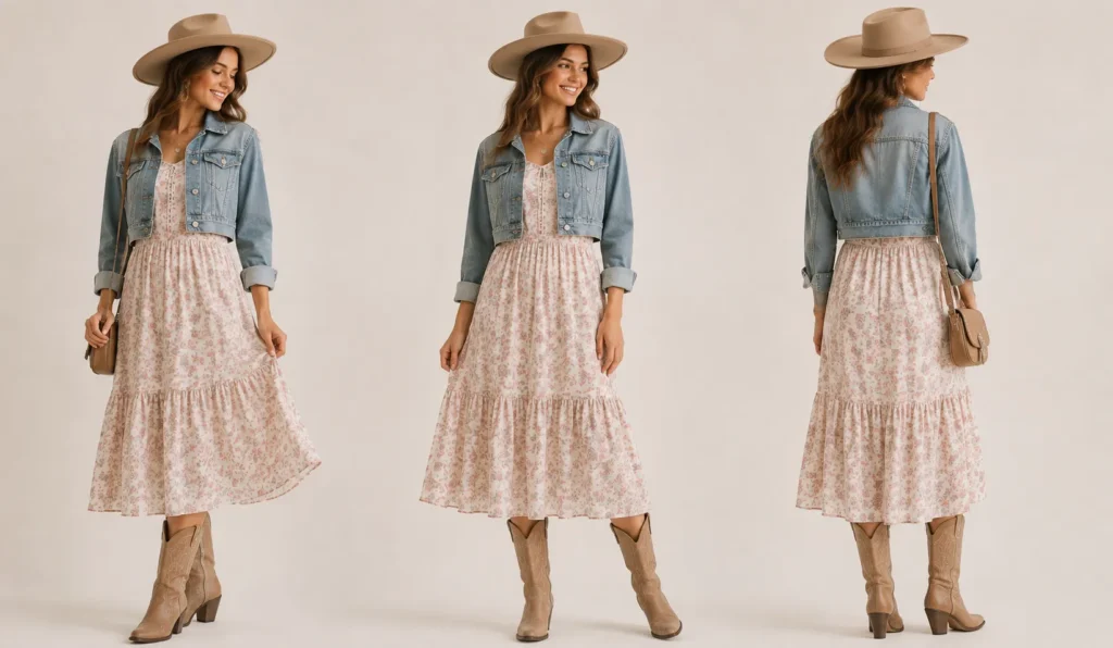 Dazzling Megan Moroney Concert Outfit Ideas: What to Wear for the Cloud 9 Tour 5 Megan Moroney Concert Outfit Ideas featuring a floral midi dress with cowboy boots.